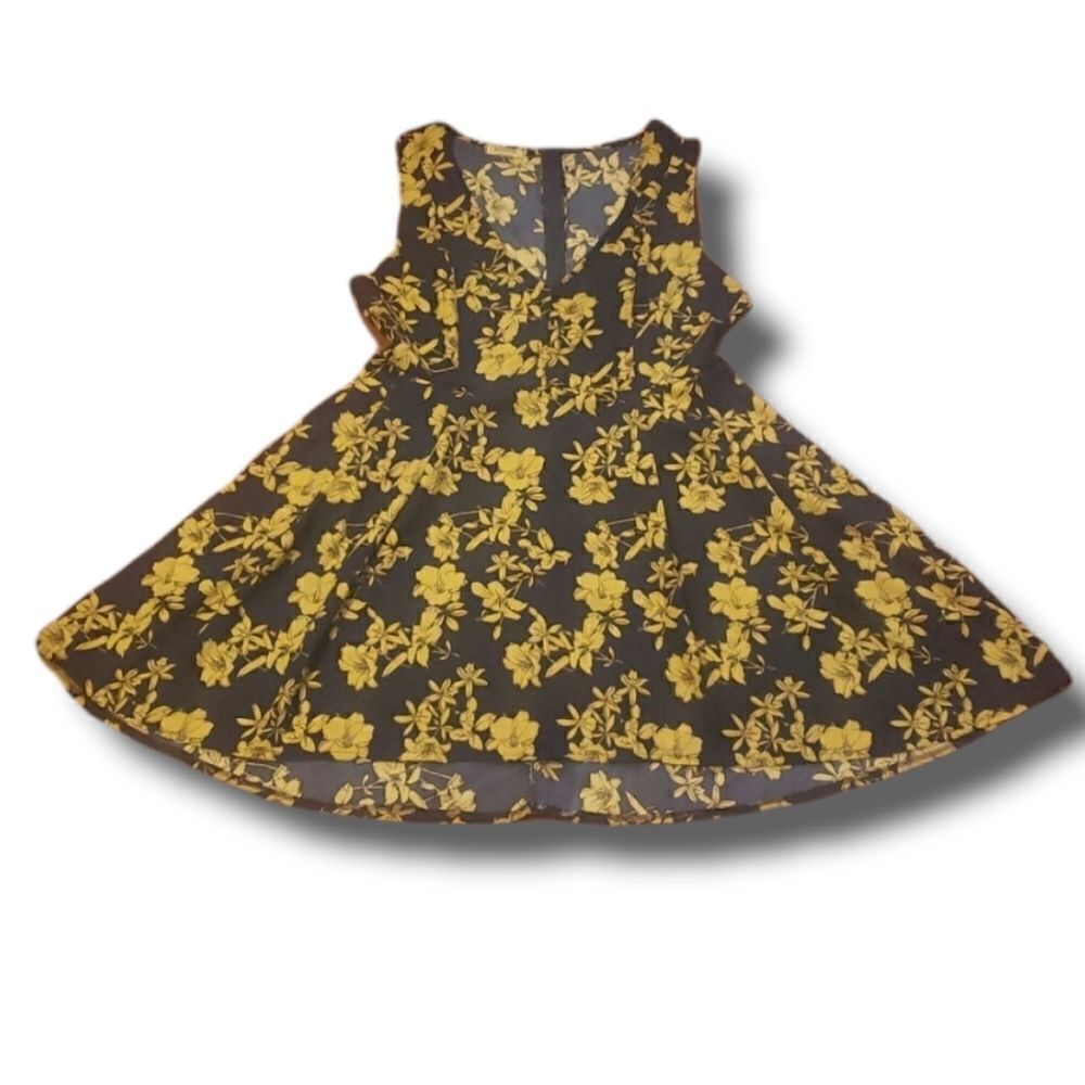 𝅺Acevog Womens Navy and‎ Gold Floral Fit and Flair V-Neck Dress Size Large